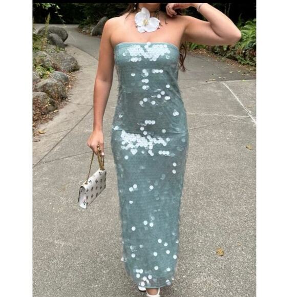 STAUD Dresses & Skirts - STAUD Seafoam Green Shimmering Sequined Strapless Casey Midi Gown size 2
